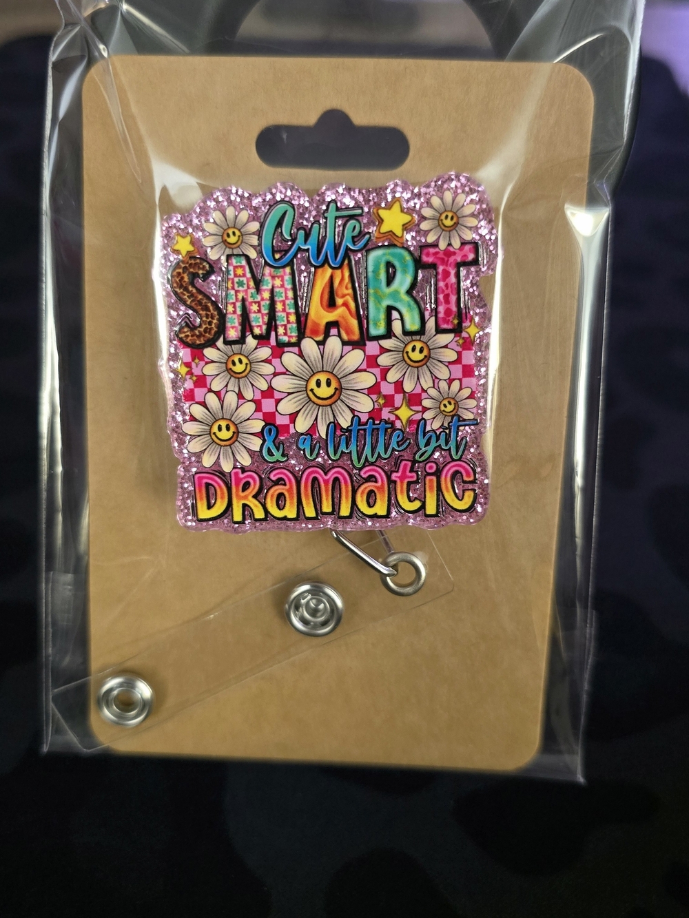 Pink Glitter "Dramatic" Novelty Badge Reel - Retractable ID Holder